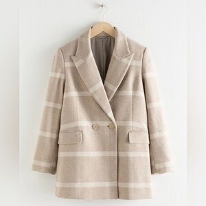 & Other Stories Wool Blend Beige Striped Double Breasted Blazer, 4